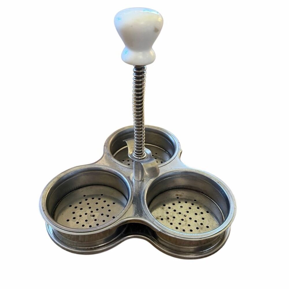 Vintage Stainless Steel 3 Cup Egg Poacher Insert Skillet Pan Tray Spring Handle